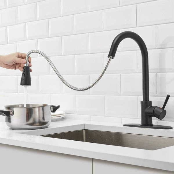 Matte Black Swivel Kitchen Sink Faucet Pull Out Sprayer Single Handle Mixer Tap 7