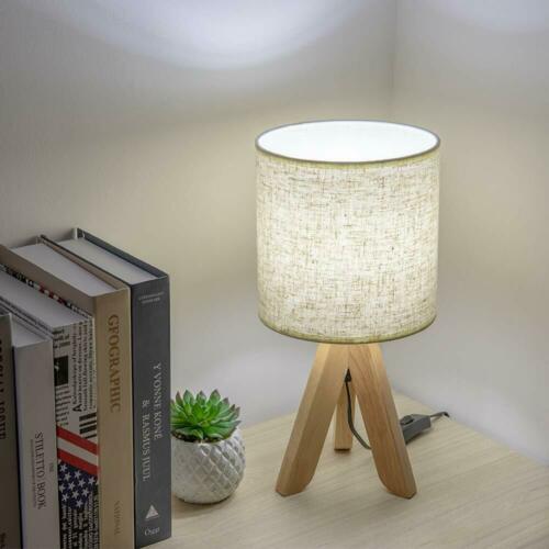Wooden Tripod Nightstand Lamp with Fabric Linen Shade 7