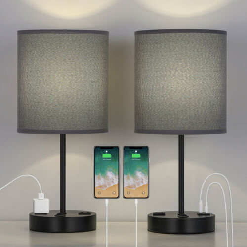 USB Table Lamp, Bedside Lamps with 2 USB Charging Ports, Grey Lampshade 1