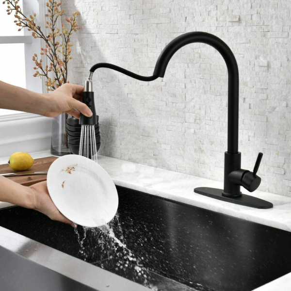 Kitchen Faucet Black Pull Down Sprayer Head 3 Holes Sink Taps W/soap dispenser 7