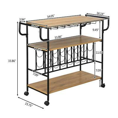 Kitchen Home Serving Carts Rolling Bar Wine Glass Holder 3 Tier Storage Shelves 7