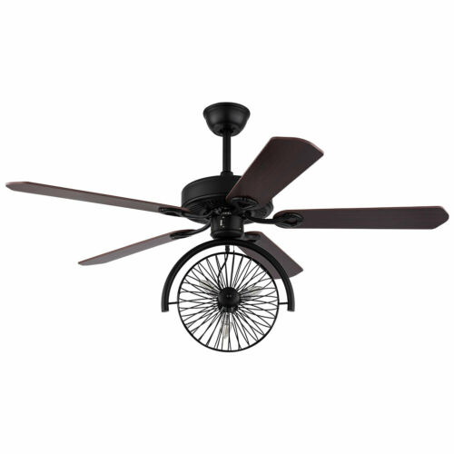 Ceiling Fan with Light Industrial Retractable Blades Vintage Cage Chandelier +RC 9