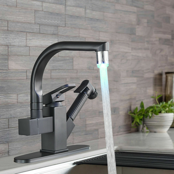 Matte Black LED Kitchen Faucet Sink Pull Out Sprayer Mixer Tap Swivel Spout With Cover