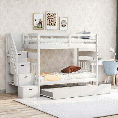 Twin over Twin/Full Bunk Bed w/ Twin Size Trundle For Home Bedroom White/Gray 3