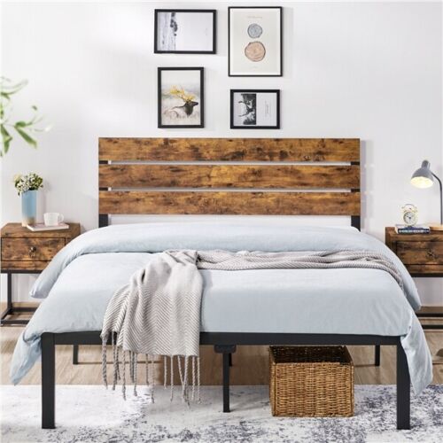 Full/Queen Rustic Metal Platform Bed Frame w/ Wooden Style 1