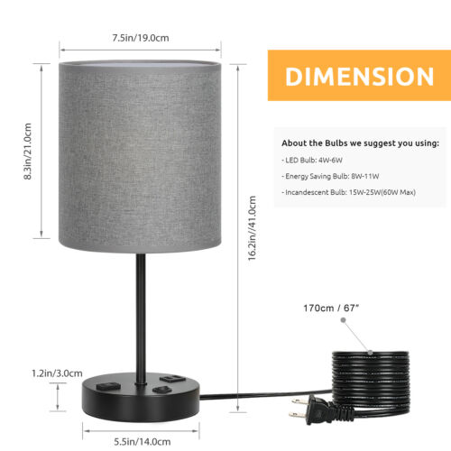 USB Table Lamp, Bedside Lamps with 2 USB Charging Ports, Grey Lampshade 2