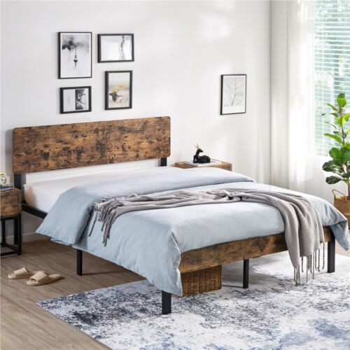 Full/Queen Size Metal Platform Bed Frame with Wooden Headboard Vintage Style 2