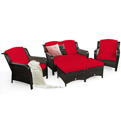 5PCS Patiojoy Rattan Furniture Set Loveseat Sofa Ottoman W/Red Cushion 1