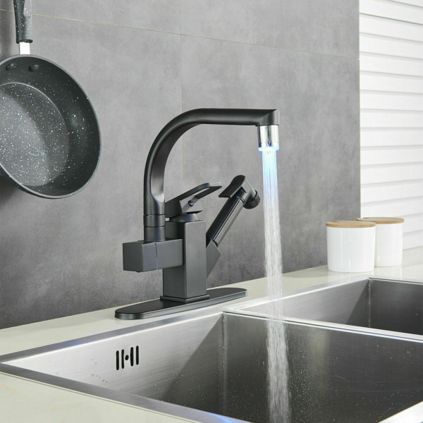 Matte Black LED Kitchen Faucet Sink Pull Out Sprayer Mixer Tap Swivel Spout With Cover 7