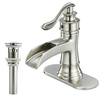 Brushed Nickel Waterfall Bathroom Faucet with Drain 1