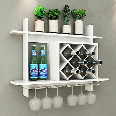 Wall Mount Wine Rack w/ Glass Holder & Storage Shelf Organizer Home Decor White