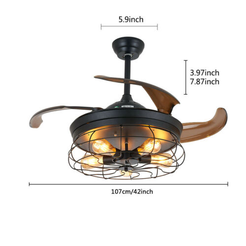 42'' Metal Cage Round Ceiling Fan Light Rustic With Retractable Blade 1