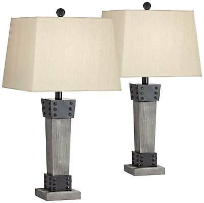 Farmhouse Table Lamps Set of 2 LED Gray Wood Dark Metal 2