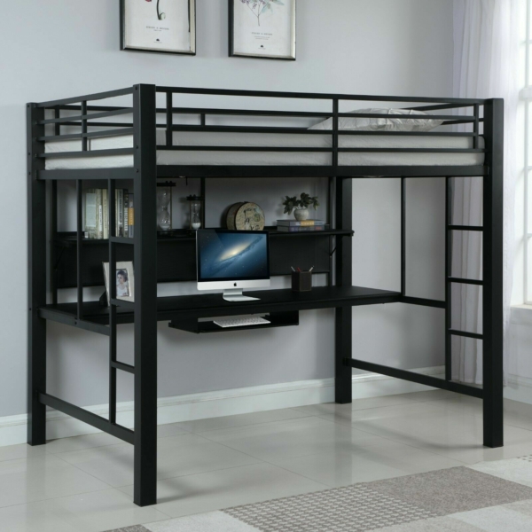 Modern Adult & Teen Heavy Duty Metal Workstation Loft Bunk Bed Full Size - Black