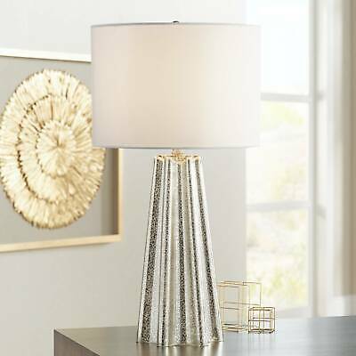 Modern Table Lamp Fluted Mercury Glass White Drum Shade for Living Room Bedroom