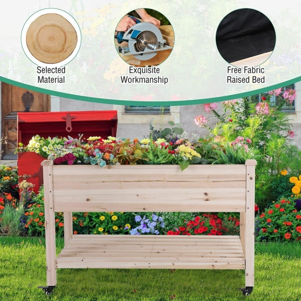 Garden Raised Bed Outdoor Elevated Solid Wooden Planter Box with Wheels Shelf 7