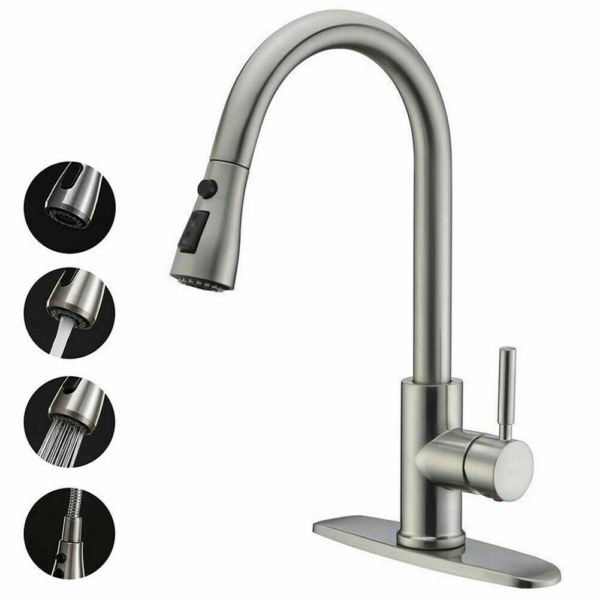 Kitchen Sink Faucet Stainless Steel Single Handle W/ Pull Out Sprayer 1