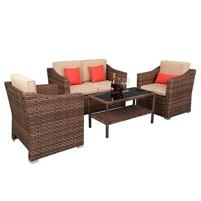 4 PCS Rattan Wicker Furniture Table Chair Set Cushioned Patio Outdoor Love Sofa 2
