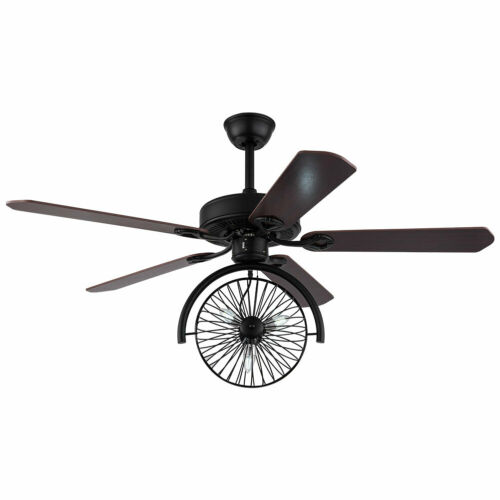 Ceiling Fan with Light Industrial Retractable Blades Vintage Cage Chandelier +RC 10