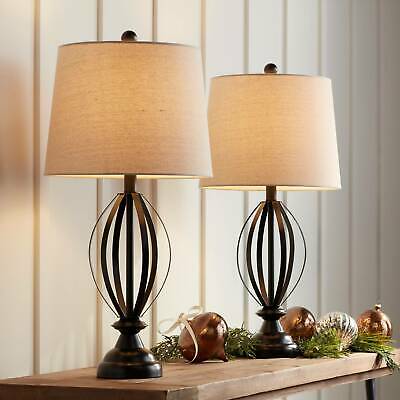 Farmhouse Table Lamps Set of 2 Bronze Open Cage Taupe Drum
