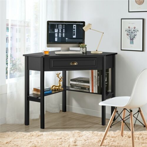 Corner Computer Desk Dresssing Table w/Storage Drawer & Shelves for Home Office