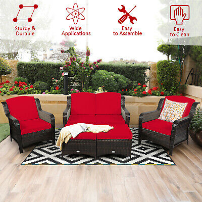 5PCS Patiojoy Rattan Furniture Set Loveseat Sofa Ottoman W/Red Cushion 6