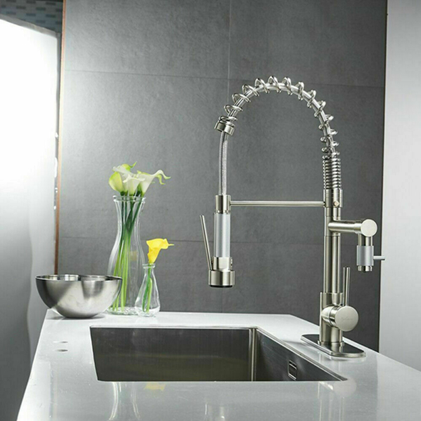 Brushed Nickel Kitchen Sink Faucet Pull Down Sprayer Mixer Tap + 10' 'Cover 7