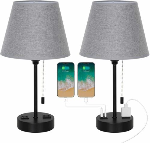 Set of 2 Modern Table Desk Lamp with Dual USB Ports AC Outlets, Bedside Lamps