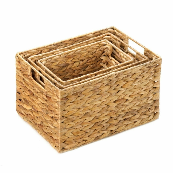 Set of 3 Rectangular Woven Nesting Baskets 3 Sizes Storage Basket Cut Out Handle 3