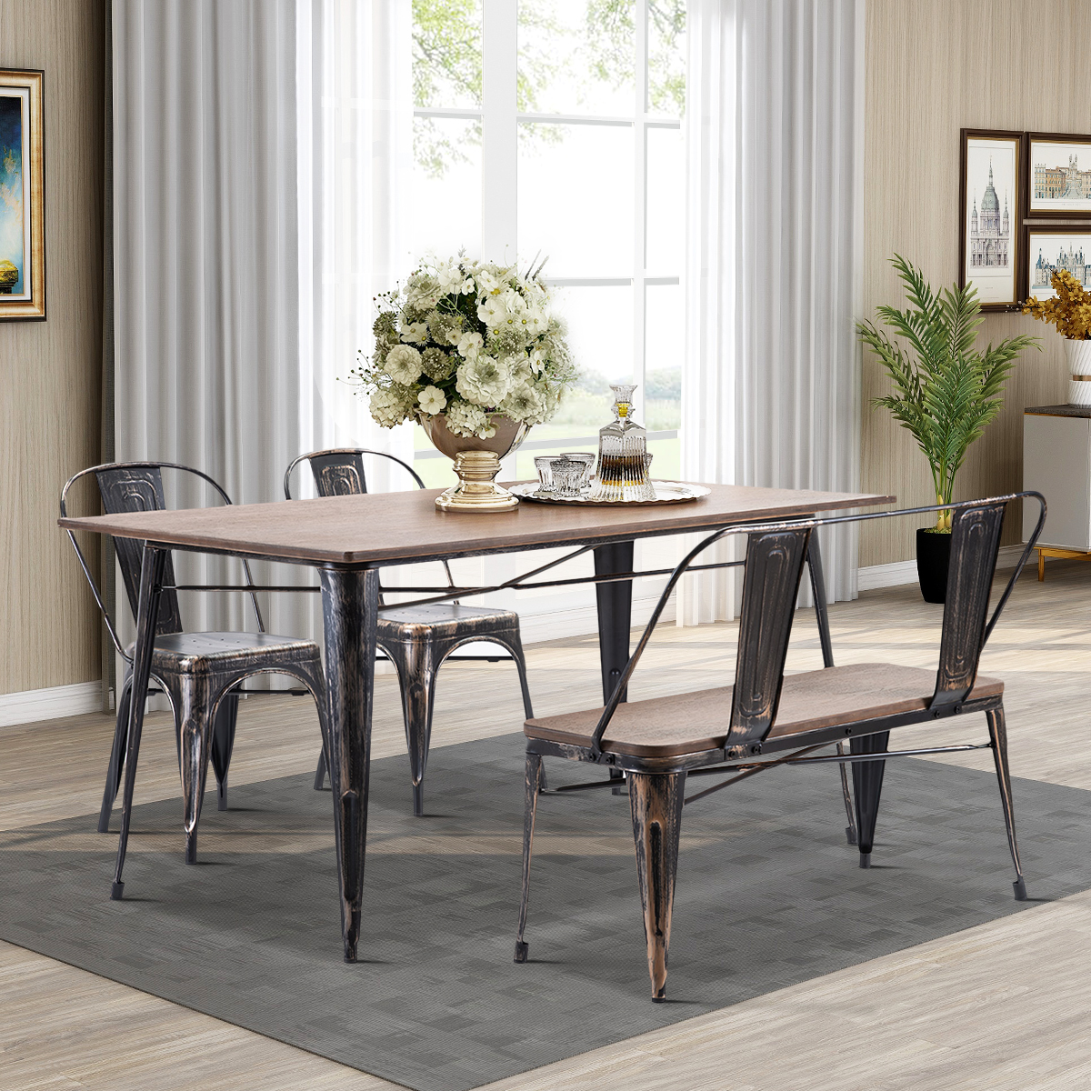 Rustic Vintage Style Dining Table, Bench, Dining Room Furniture