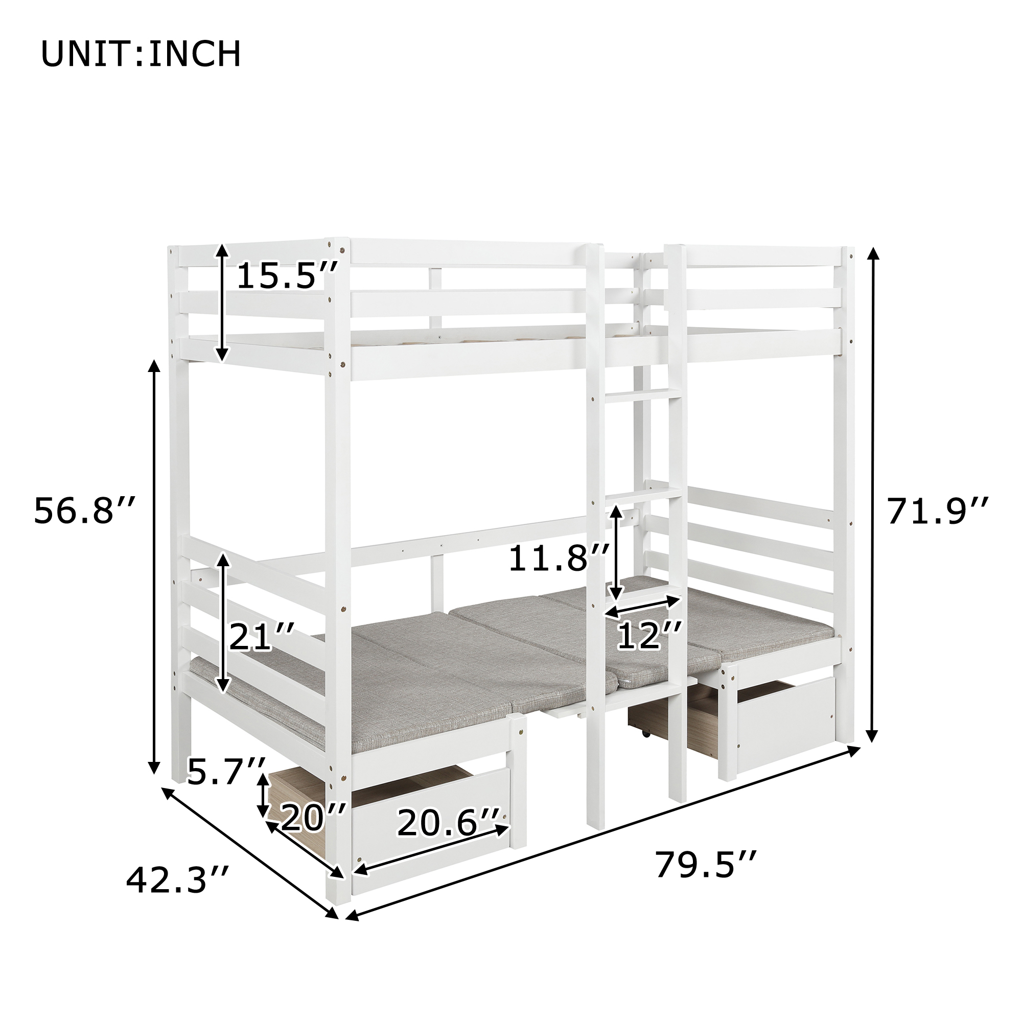 Functional Loft Bed (Turn Into Upper Bed And Down Desk, with Cushion Sets), Twin Size