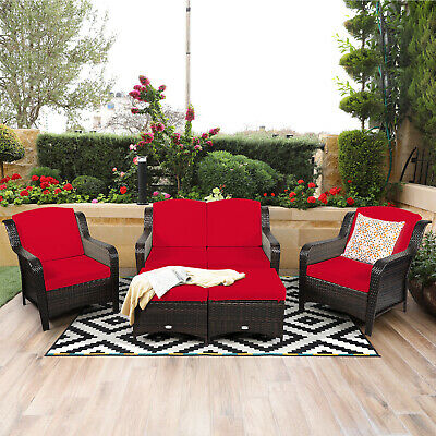 5PCS Patiojoy Rattan Furniture Set Loveseat Sofa Ottoman W/Red Cushion