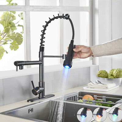 Matte Black LED Kitchen Sink Faucet Pull Down Sprayer Spring With Cover