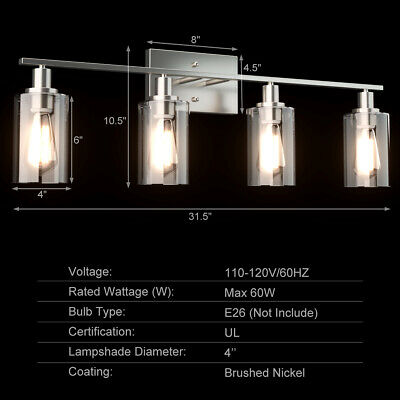 31" Costway 4-Light Wall Sconce Bathroom Decor Vanity Light Fixtures w/ Clear Glass Shades 2