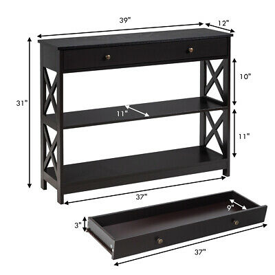 3-Tier Console Table X-Design Sofa Entryway Table w/ Drawer Shelves Espresso 2