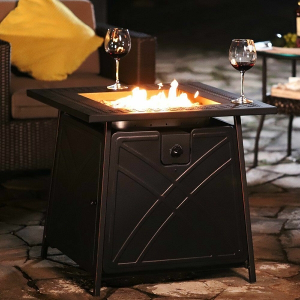 28" Bali Outdoor Propane Fire Pit Patio Heater Gas Table Square Fireplace Blue Glass 2