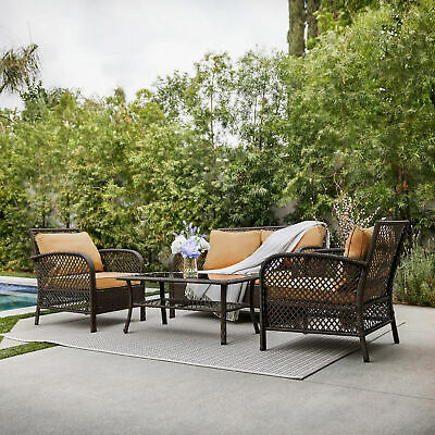 4PCS Rattan Wicker Patio Sofa Deep Cushion Seat Set Furniture Lawn Outdoor Brown 2