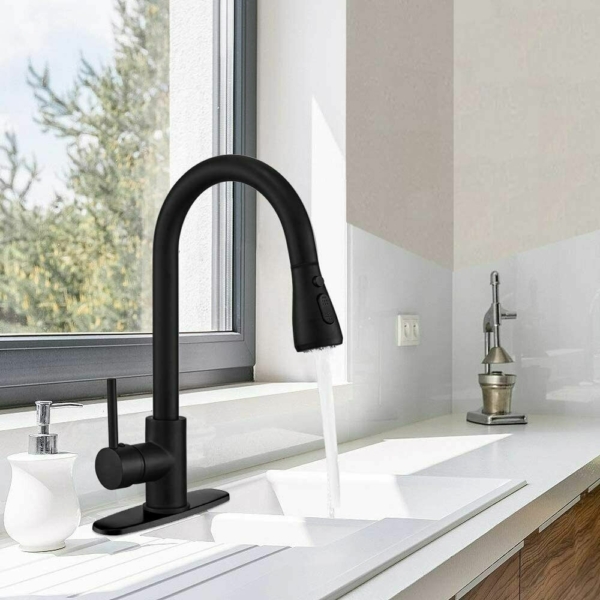 Kitchen Faucet Black Pull Down Sprayer Head 3 Holes Sink Taps W/soap dispenser