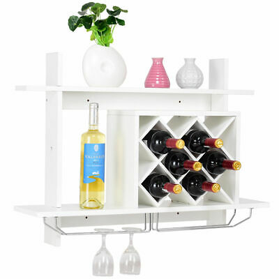 Wall Mount Wine Rack w/ Glass Holder & Storage Shelf Organizer Home Decor White 4