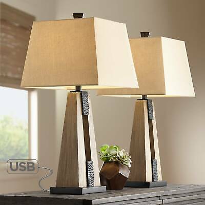 Rustic Farmhouse Table Lamps Set of 2 with USB Wood Oatmeal Shade