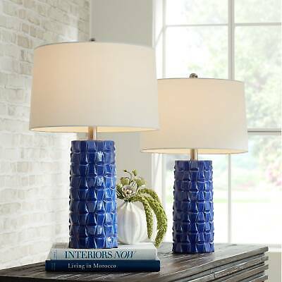 Modern Table Lamps Set of 2 Textured Blue Ceramic Column