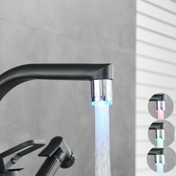 Matte Black LED Kitchen Faucet Sink Pull Out Sprayer Mixer Tap Swivel Spout With Cover 6