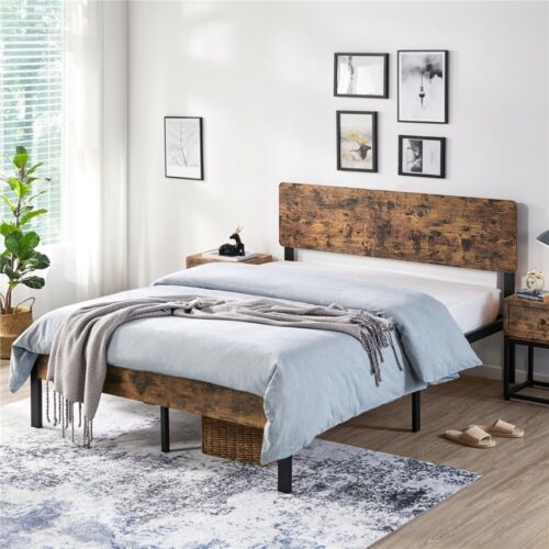 Full/Queen Size Metal Platform Bed Frame with Wooden Headboard Vintage Style 1