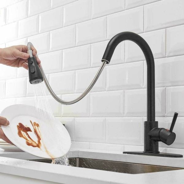Matte Black Swivel Kitchen Sink Faucet Pull Out Sprayer Single Handle Mixer Tap 6
