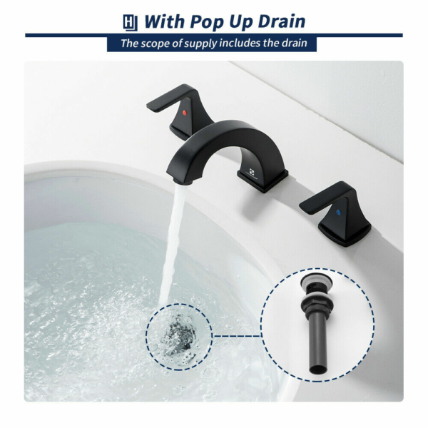 Widespread 8'' Bathroom Basin Sink Faucet 3 Hole Brass Mixer Tap w/ Pop Up Drain 2