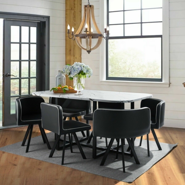 Marble 7 Piece Dining Table Set 6 Leather Chairs Kitchen Room Breakfast Dinner