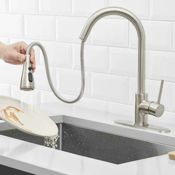 Kitchen Sink Faucet Stainless Steel Single Handle W/ Pull Out Sprayer 5