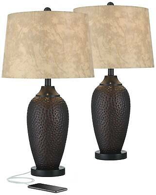 Rustic Industrial Table Lamp with USB Hammered Bronze Faux Leather 1