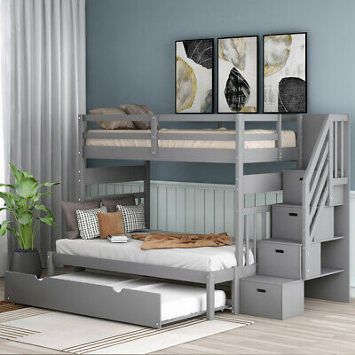 Twin over Twin/Full Bunk Bed w/ Twin Size Trundle For Home Bedroom White/Gray
