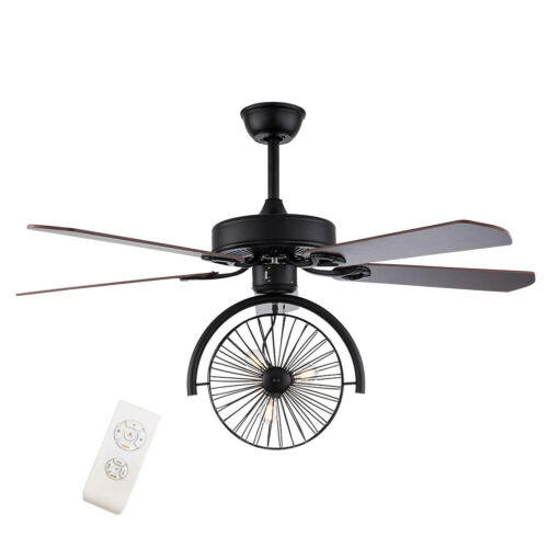 Ceiling Fan with Light Industrial Retractable Blades Vintage Cage Chandelier +RC 5